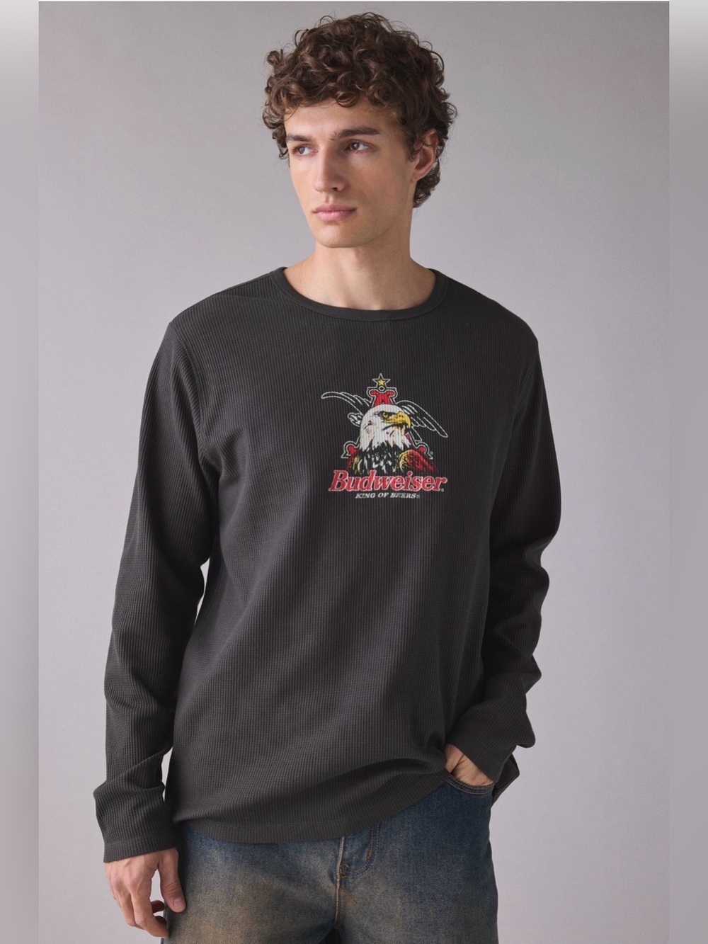 Junk Food Clothing Charcoal Budweiser Eagle Long-Sleeve Tee